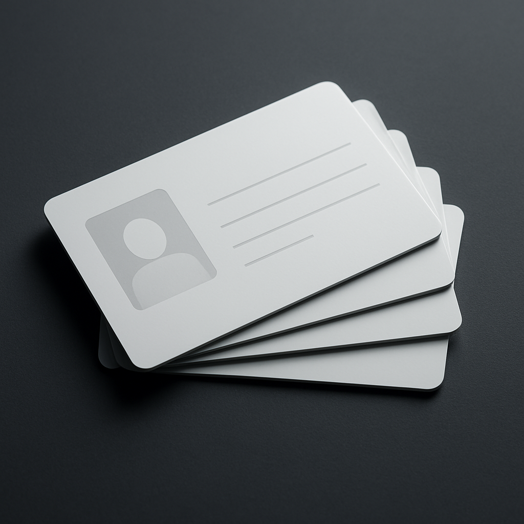 A fan of blank PVC ID and smart cards on a dark surface